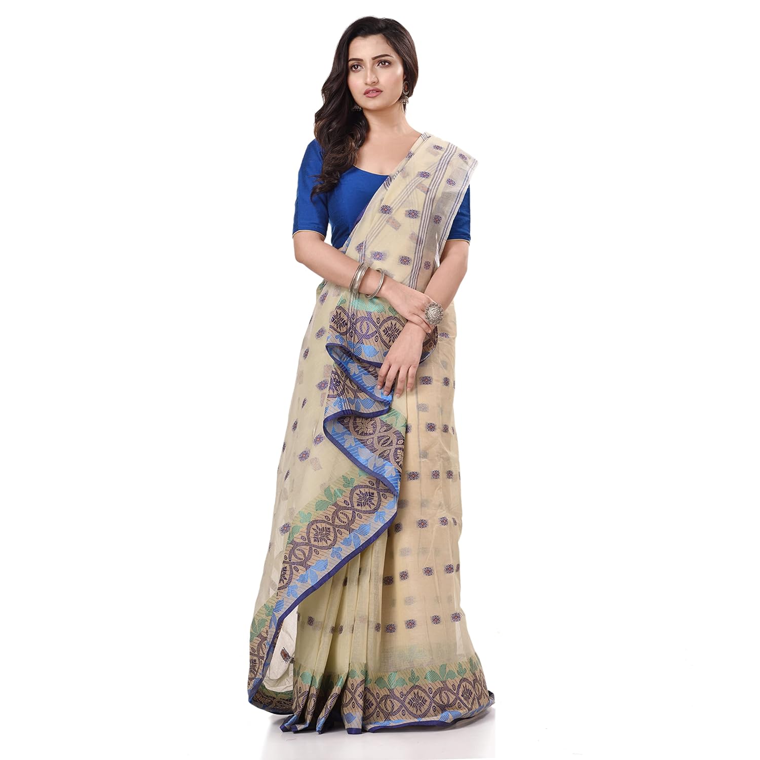 TANTLOOM Women's Traditional Bengal Tant Tri Leaf Woven Design Pure Handloom Cotton Saree Without Blouse Piece - View 4 of 4