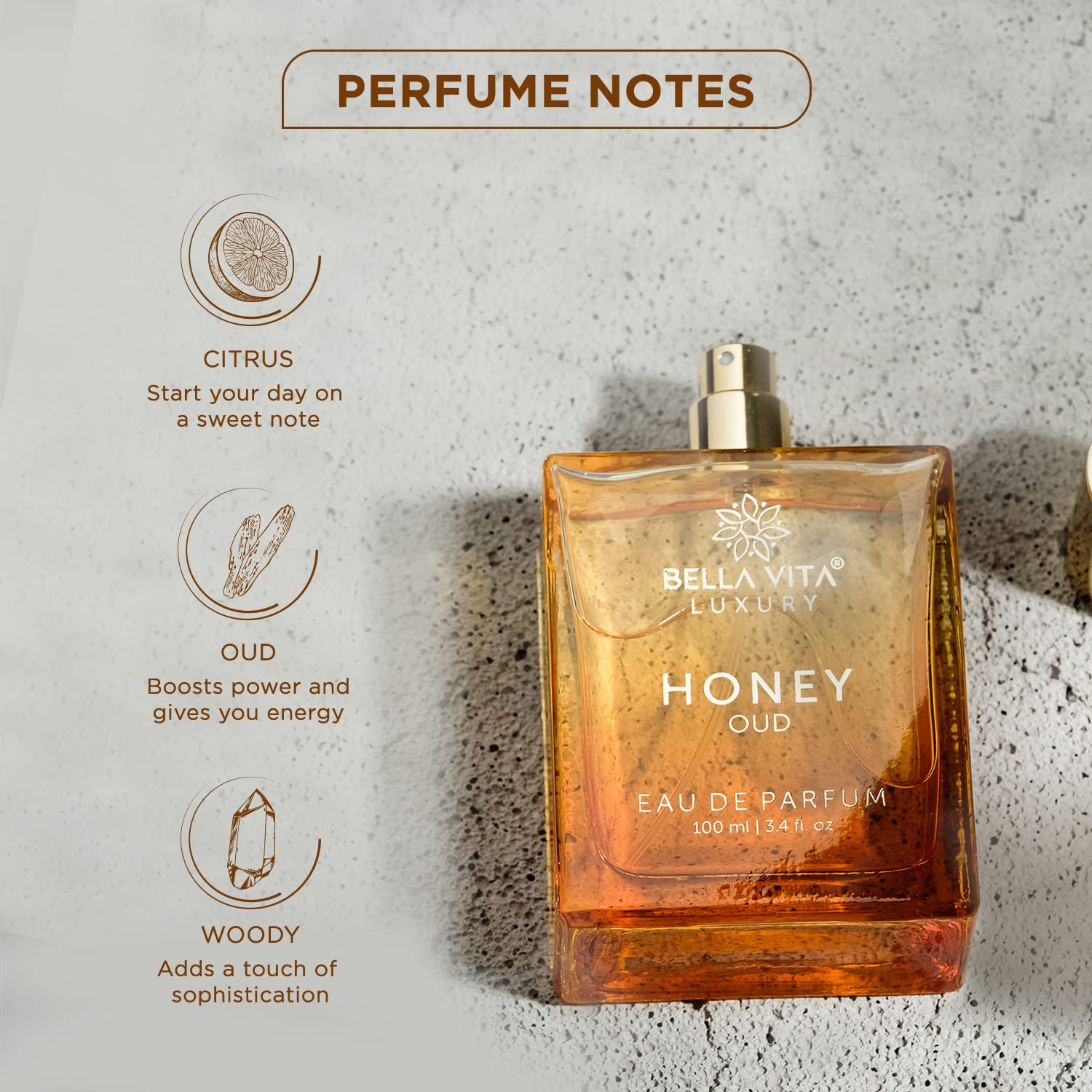 Bella Vita Luxury Honey Oud Eau De Parfum Unisex Perfume for Men & Women with Patchouli, Vanilla, Bergamot | Floral, Spicy EDP Fragrance Scent, 100 Ml - View 3 of 5