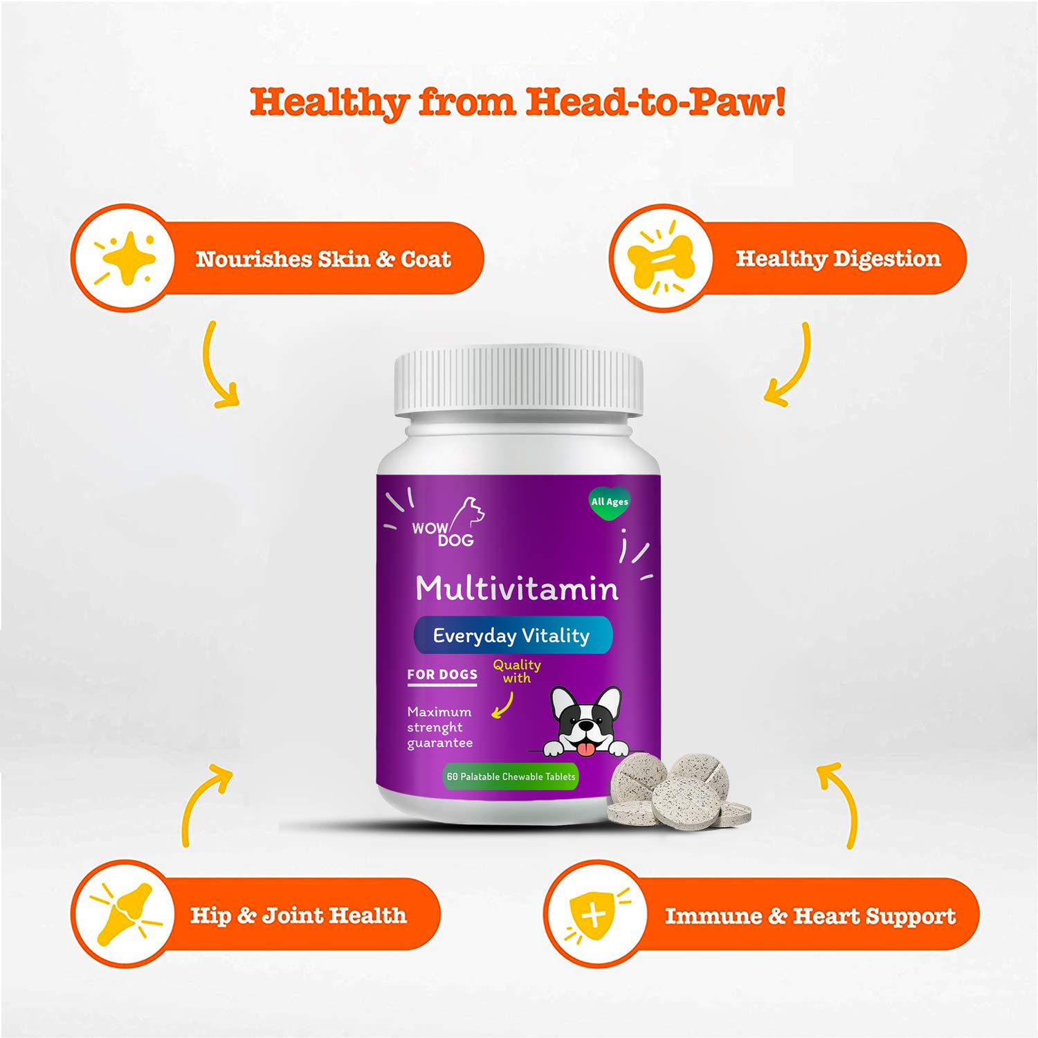 WOW DOG Multivitamin Tablet Dog Supplement 120 Pieces for Dogs with Essential Vitamins &amp; Minerals for Healthy Skin, Heart, Brain Function | Chicken Flavour - View 3 of 3