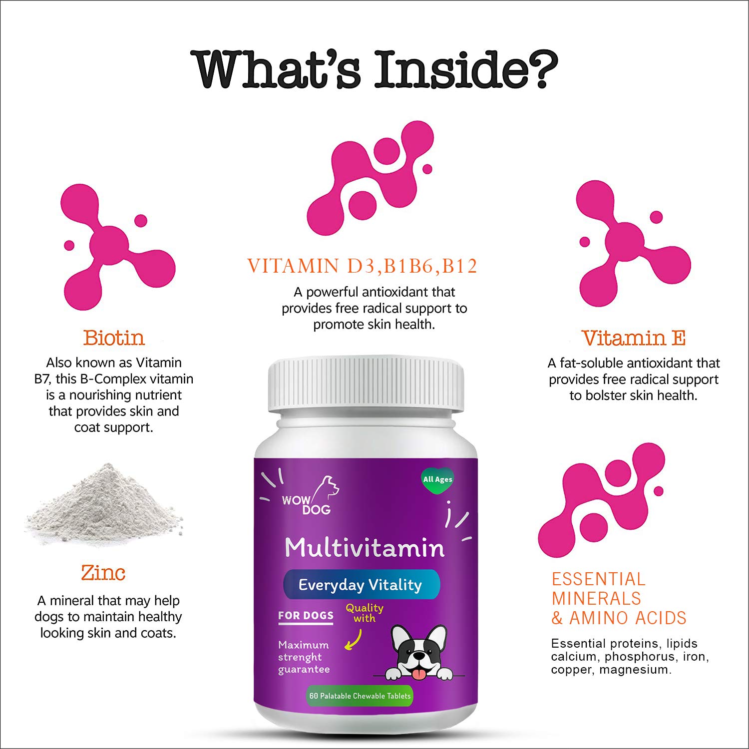 WOW DOG Multivitamin Tablet Dog Supplement 120 Pieces for Dogs with Essential Vitamins &amp; Minerals for Healthy Skin, Heart, Brain Function | Chicken Flavour - View 2 of 3