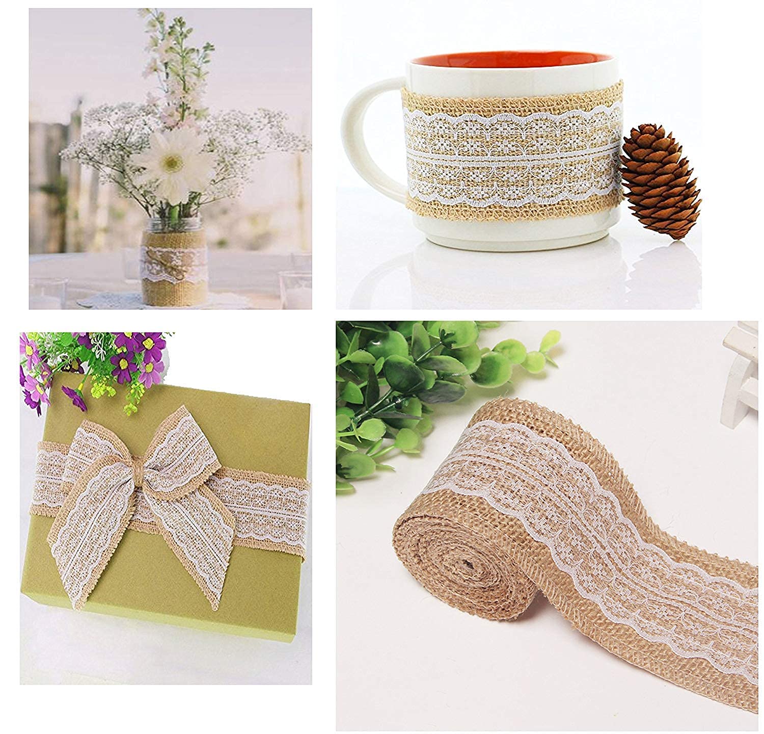 HOME BUY Jute Lace Natural Burlap Rolls With Lace Ribbon Eco- Friendly For Art&amp;Craft Christmas Tree Gift Wrapping Home&amp;Decor Hessian Burlap Wedding Decorations Diy Handmade (Pack Of 2) - View 6 of 8