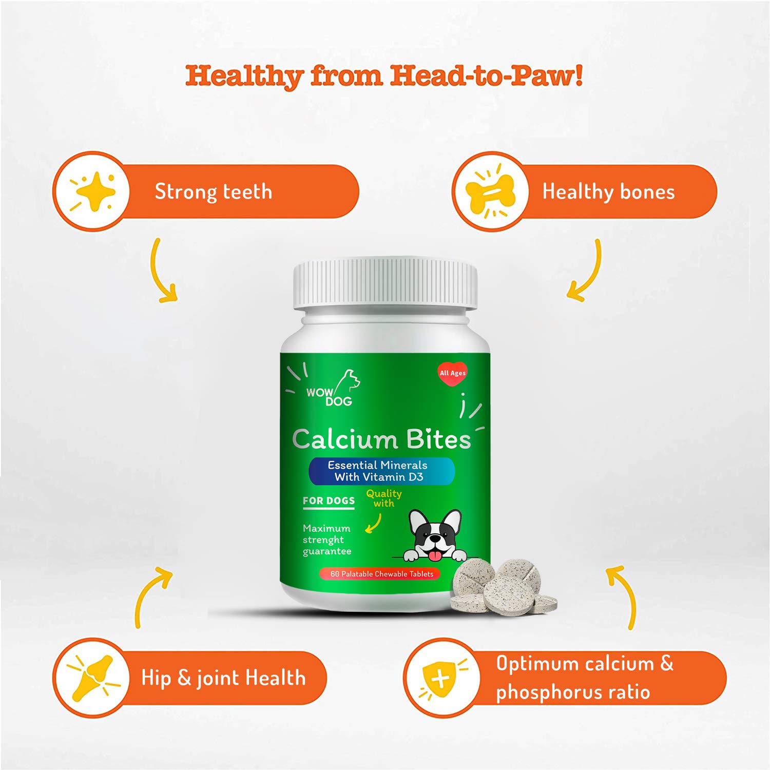 WOW DOG Chewable Calcium Tablet - Calcium for Dogs Supplement with Vitamin D3, B12, Magnesium &amp; Zinc | Chicken Flavour - 120 Tablets - View 3 of 6