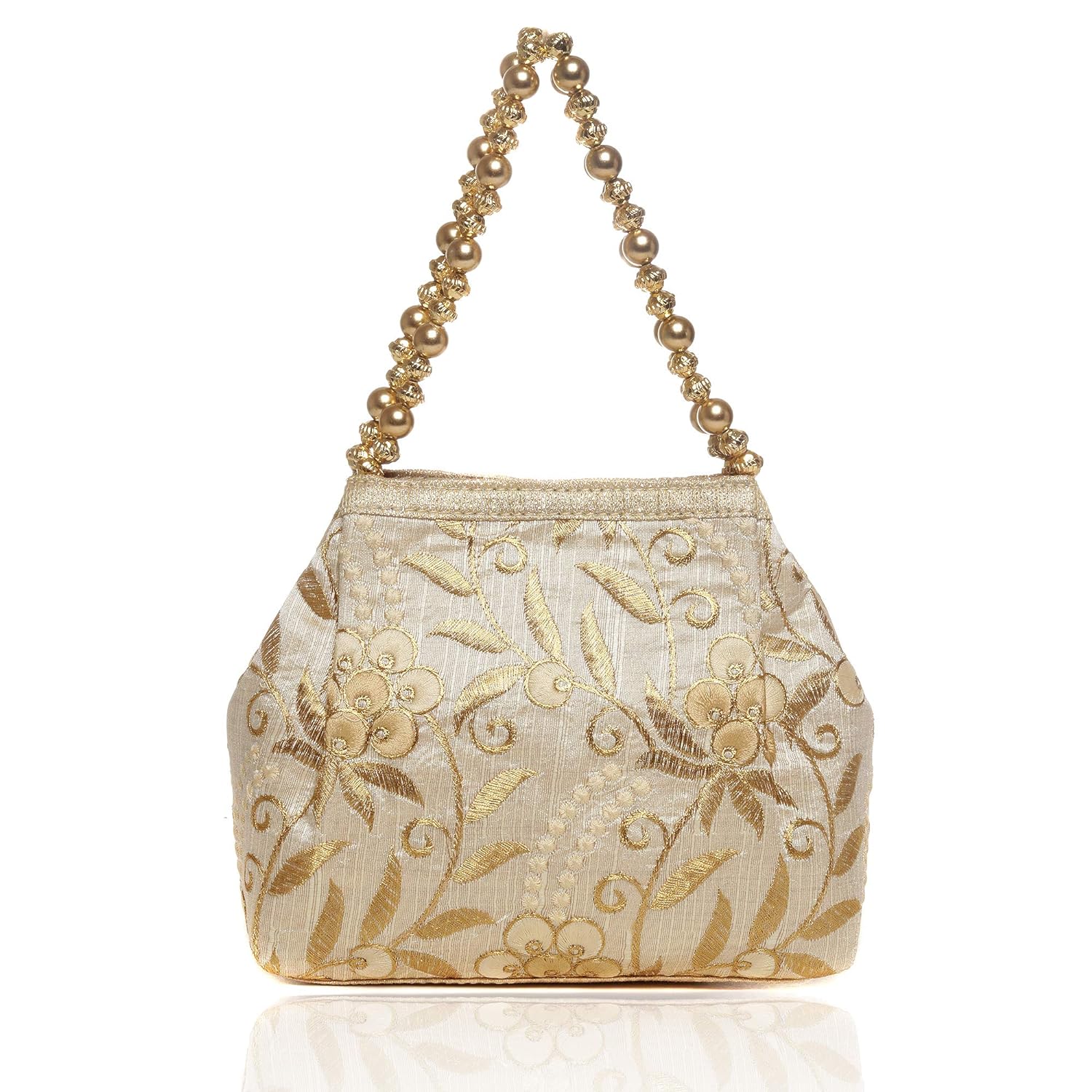 Wenz Raw-Silk Designer Potli Bag for women with Golden Embroidery and Golden Pearl Handle Tassel - View 2 of 4