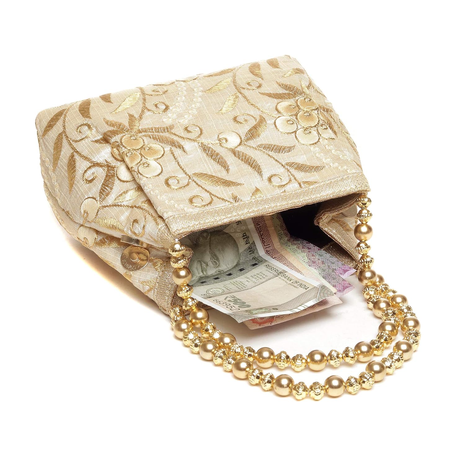 Wenz Raw-Silk Designer Potli Bag for women with Golden Embroidery and Golden Pearl Handle Tassel - View 3 of 4