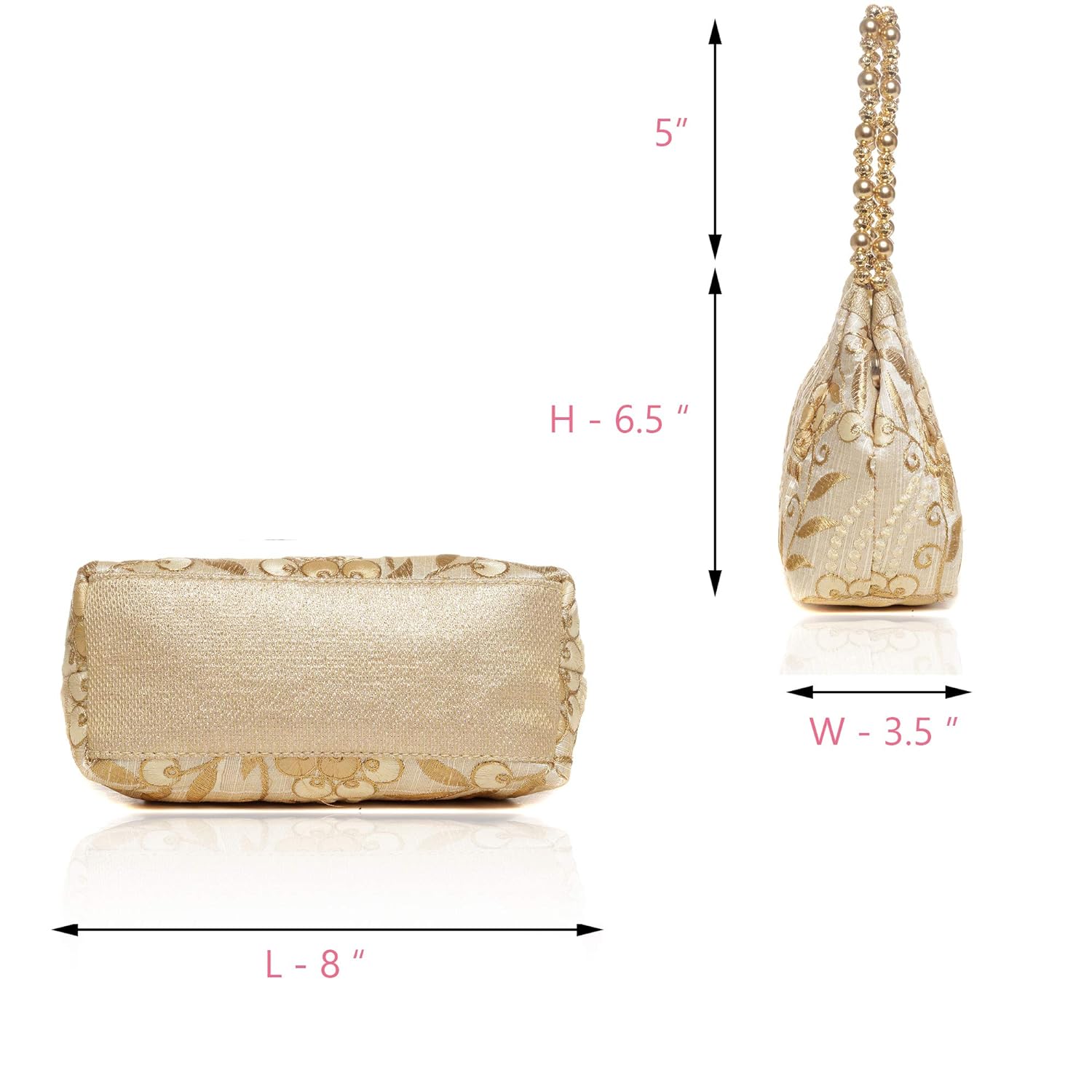 Wenz Raw-Silk Designer Potli Bag for women with Golden Embroidery and Golden Pearl Handle Tassel - View 4 of 4