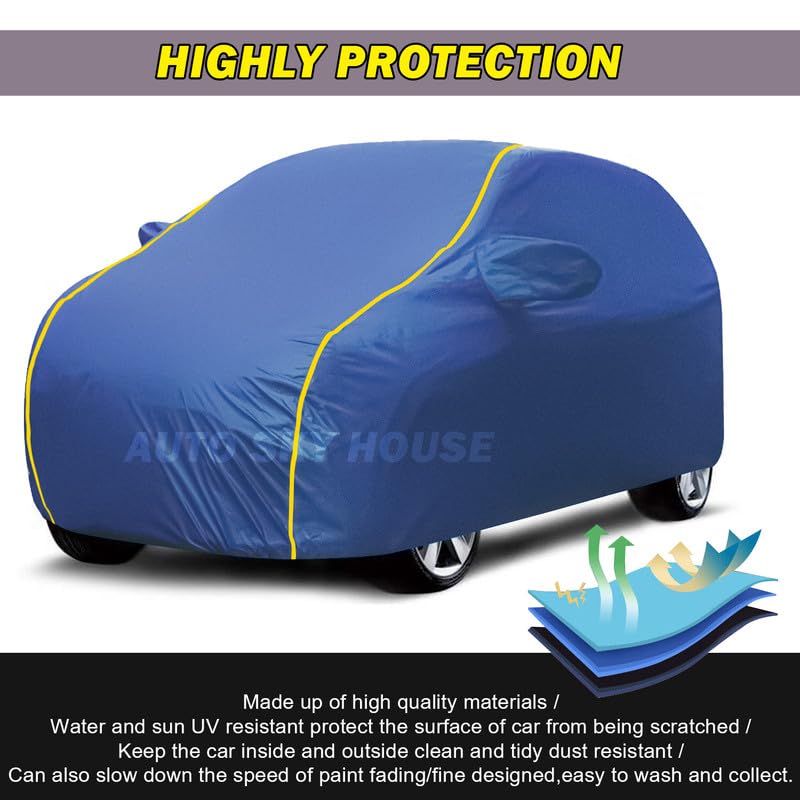 CityVegi 100% Water Resistant (Trusted) Fully Body Car Cover for WagonR (All Models Compatible) Heat Resistant,Triple Stitch, 2 Buckle with Strong Strap (Blue and Yellow Pipping) - View 4 of 5
