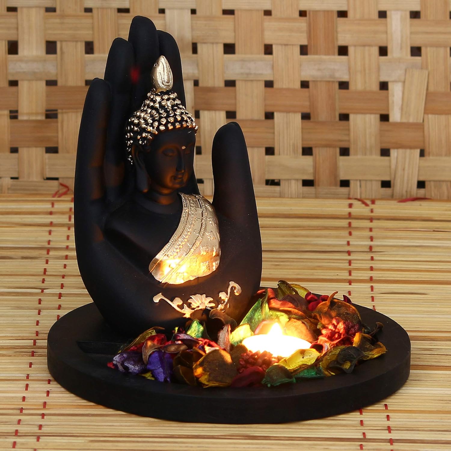 eCraftIndia Black and Golden Polyresin Palm Buddha Statue with Wooden Base, Fragranced Petals Tealight Holder - Serene Decor for Home, Office, Meditation Spaces for Housewarming, Diwali - View 3 of 3