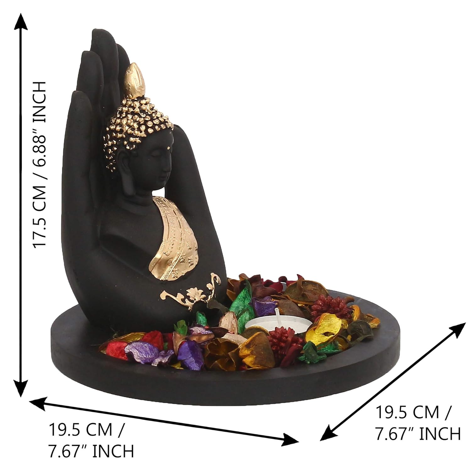 eCraftIndia Black and Golden Polyresin Palm Buddha Statue with Wooden Base, Fragranced Petals Tealight Holder - Serene Decor for Home, Office, Meditation Spaces for Housewarming, Diwali - View 2 of 3