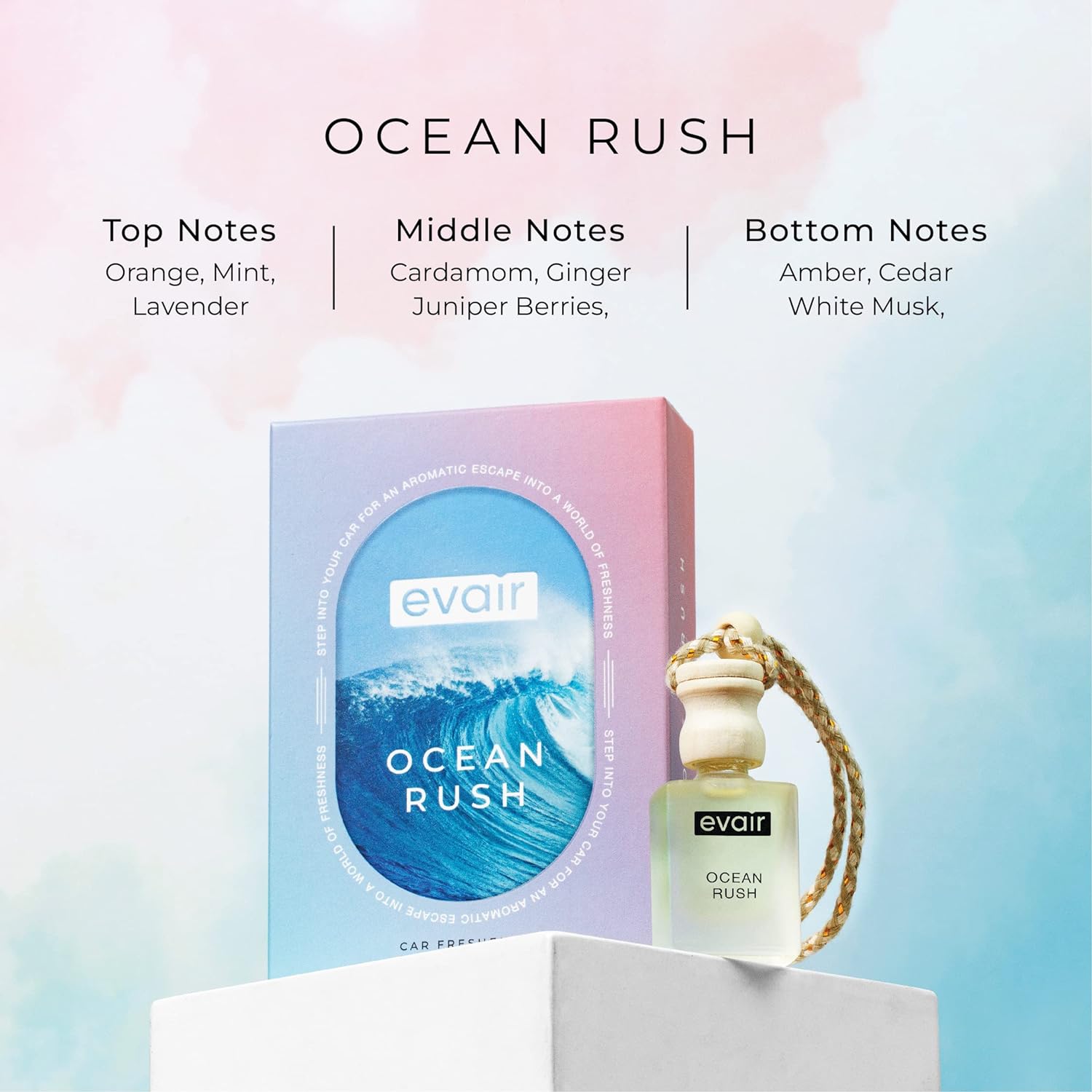 Evair Car Air Freshener with Essential Oils Fragrance in Glass Bottle with Wooden Diffuser Lid | 10 ml - Pack of 1 (Ocean Rush) - View 3 of 6