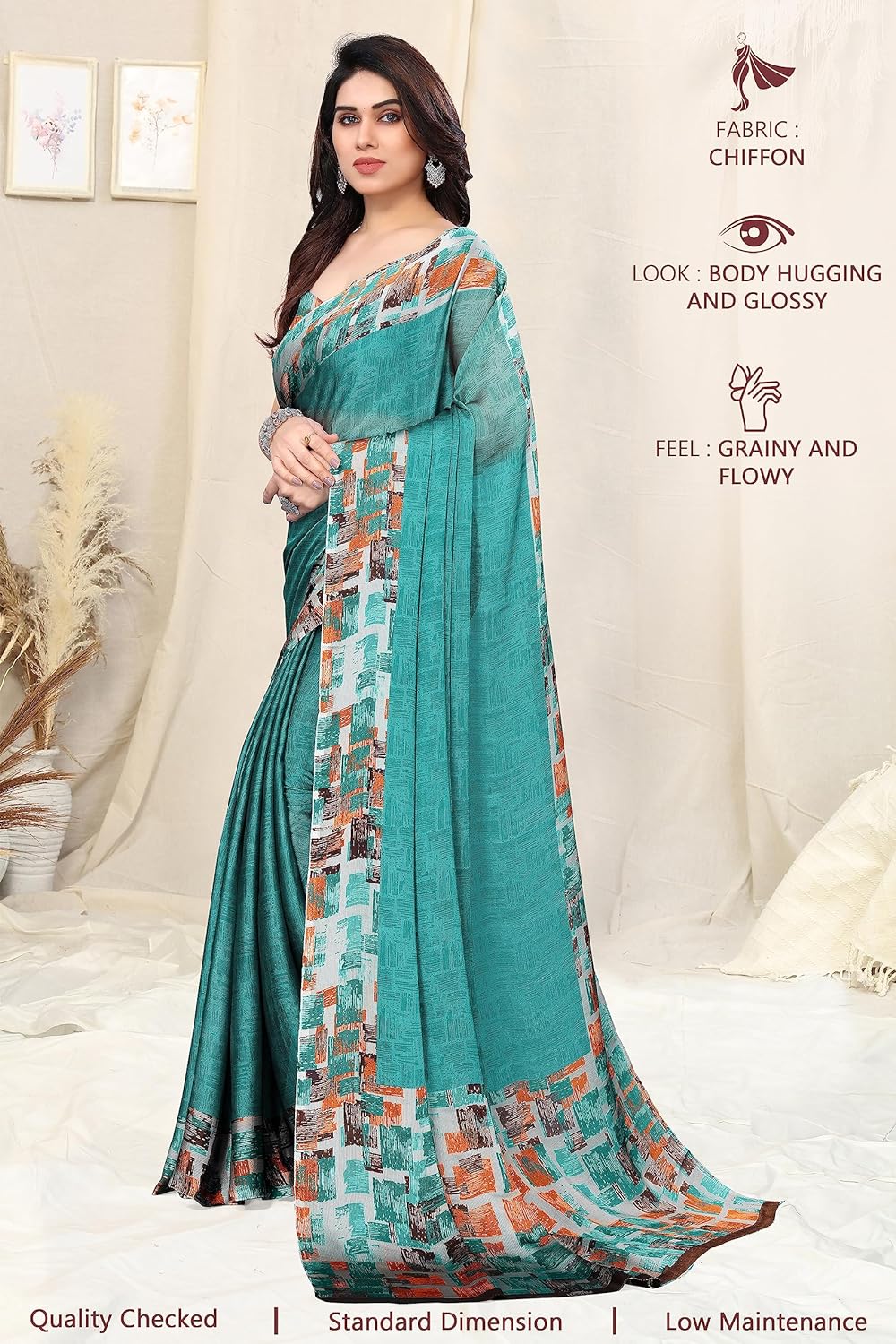 SOURBH Chiffon Texture Border Printed Women's Saree with Blouse Piece - View 2 of 7