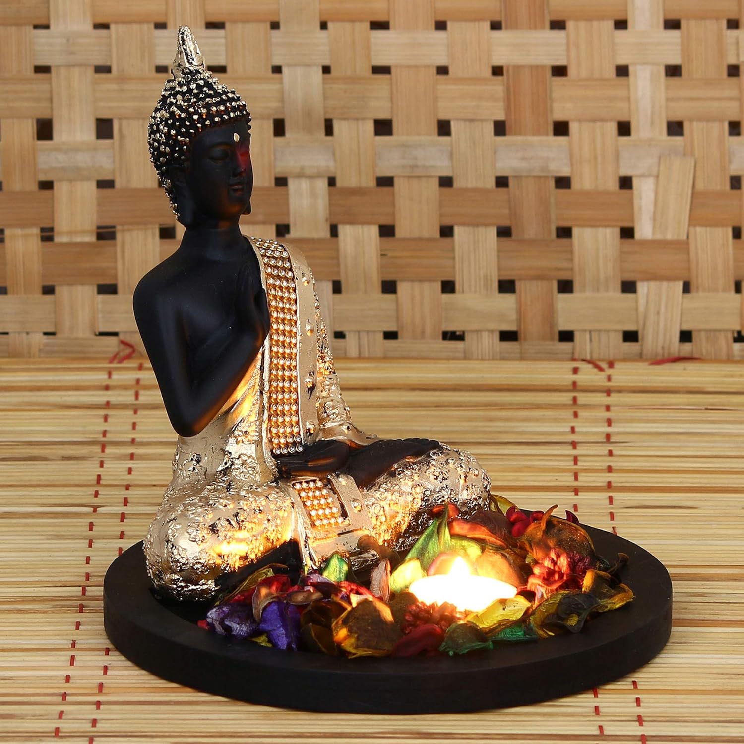 eCraftIndia Golden Meditating Buddha Decorative Showpiece with Wooden Base, Fragranced Petals and Tealight - View 4 of 4