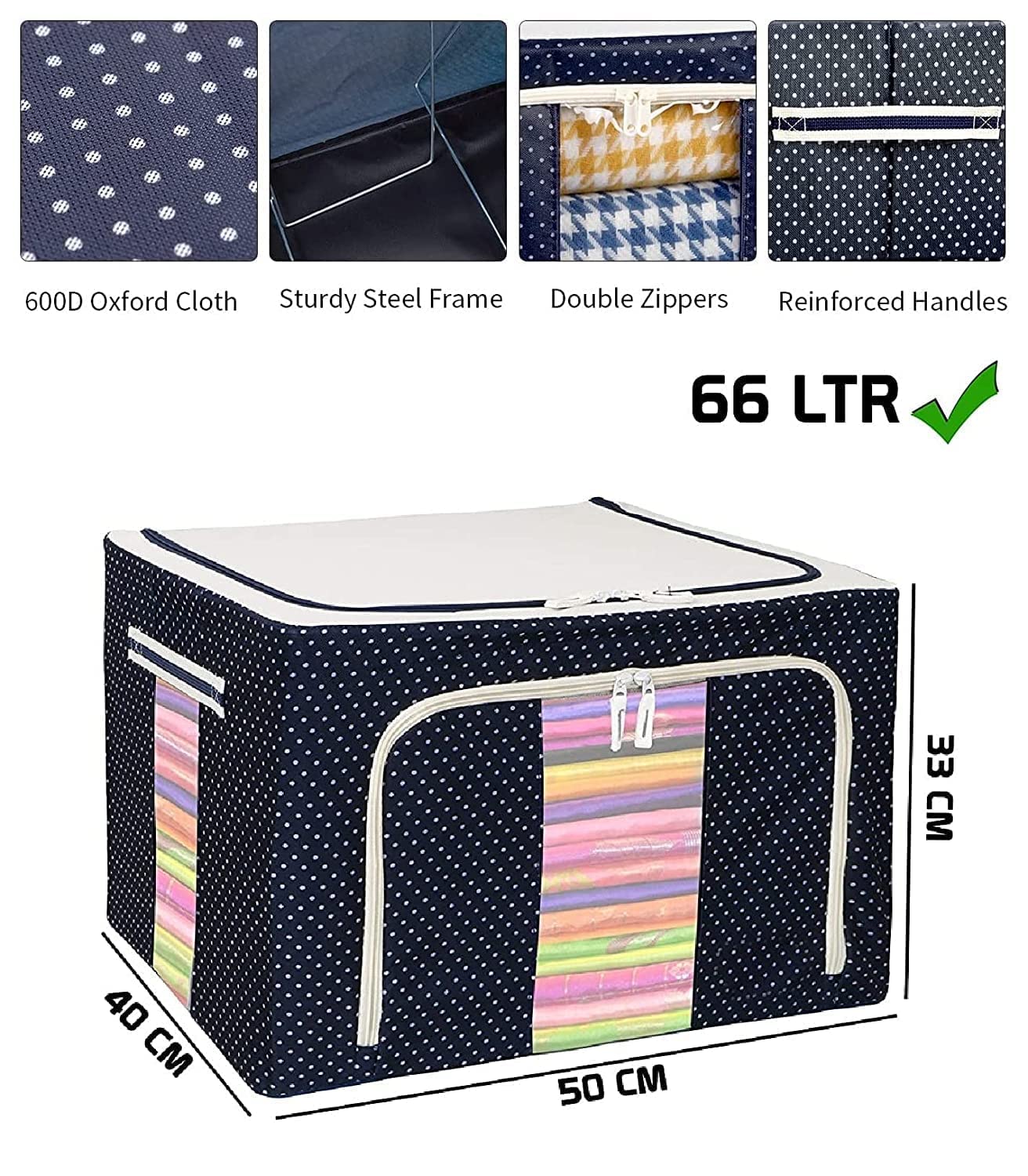 iJams Clothes Storage Box Foldable Steel Frame Clothes Organizer Storage Box for Wardrobe, Saree, Shirts, and Blankets (66 litre, pack of 1, oxford fabric) - View 2 of 8
