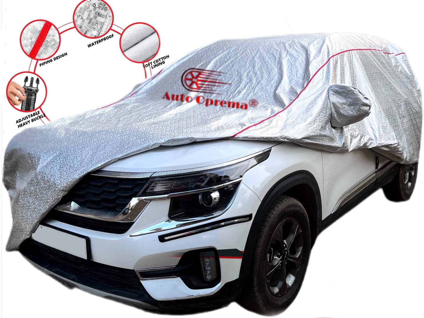 Auto Oprema Waterproof Car Body Cover with Mirror and Soft Cotton Lining (Triple Stitched) (Silver with Red Piping) Compatible with Swift Dzire 2021 Car Bumper to Bumper Accurately. - View 7 of 7