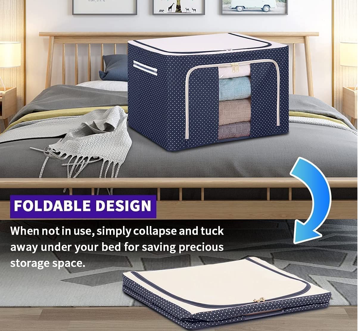 iJams Clothes Storage Box Foldable Steel Frame Clothes Organizer Storage Box for Wardrobe, Saree, Shirts, and Blankets (66 litre, pack of 1, oxford fabric) - View 3 of 8