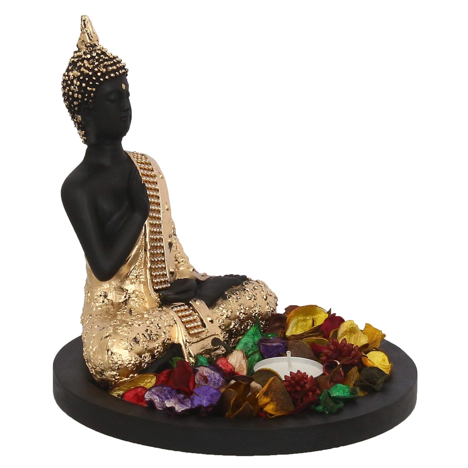 eCraftIndia Golden Meditating Buddha Decorative Showpiece with Wooden Base, Fragranced Petals and Tealight - View 3 of 4