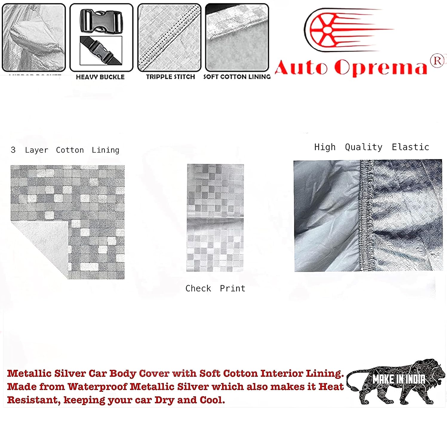 Auto Oprema Waterproof Car Body Cover with Mirror and Soft Cotton Lining (Triple Stitched) (Silver with Red Piping) Compatible with Swift Dzire 2021 Car Bumper to Bumper Accurately. - View 6 of 7