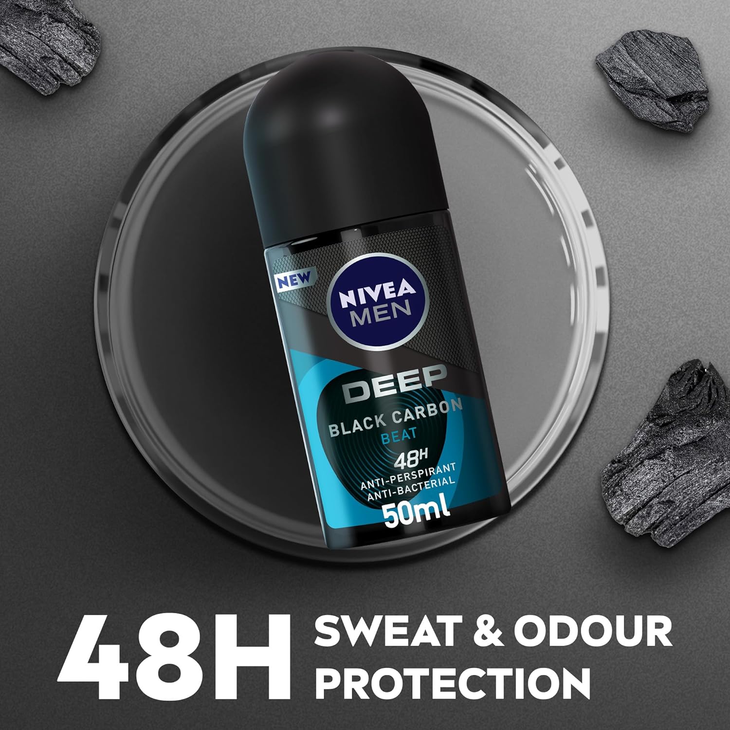 NIVEA MEN Antiperspirant Roll-on for Men, DEEP Beat Black Carbon Antibacterial, Wood Fresh Scent, 50ml - View 5 of 6