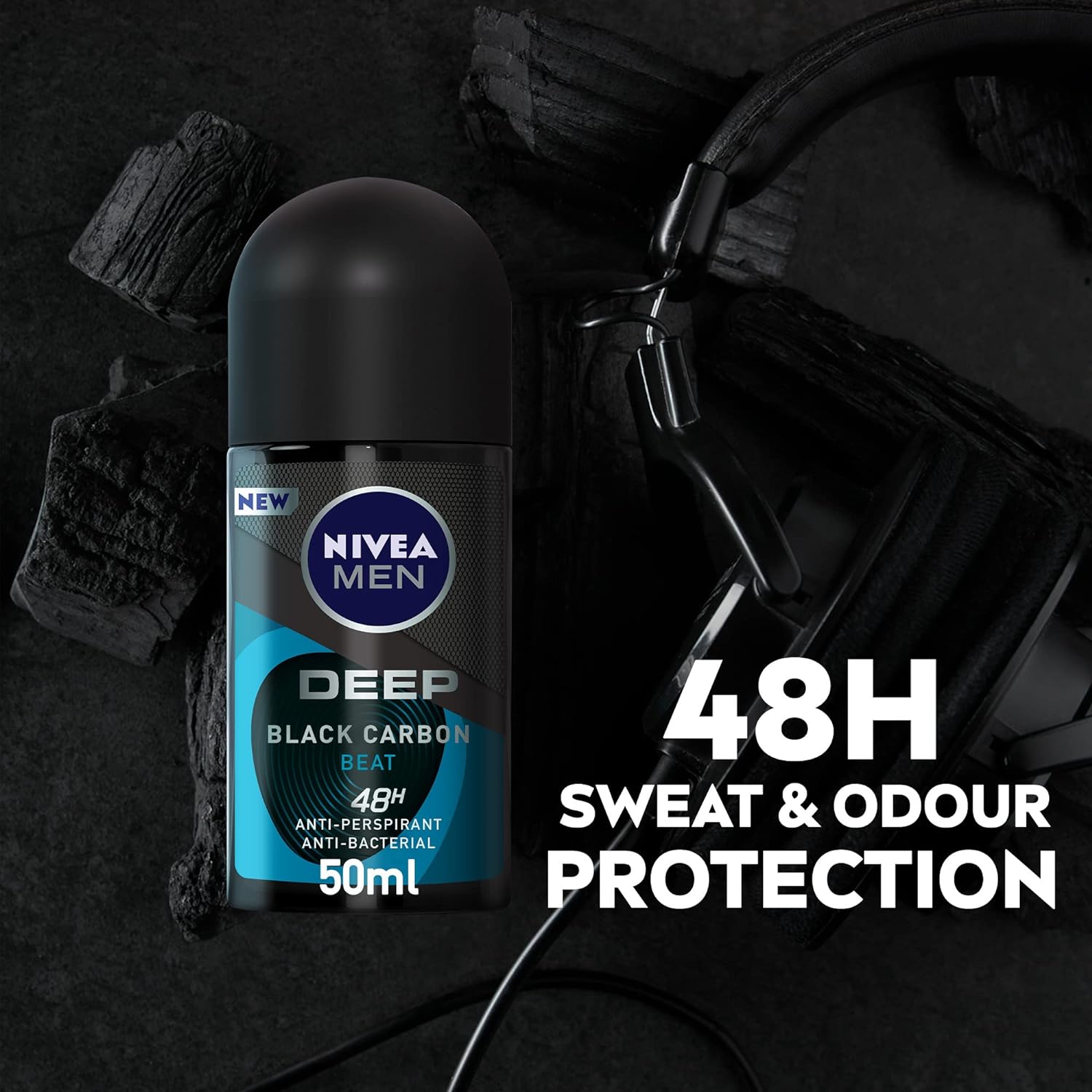 NIVEA MEN Antiperspirant Roll-on for Men, DEEP Beat Black Carbon Antibacterial, Wood Fresh Scent, 50ml - View 6 of 6