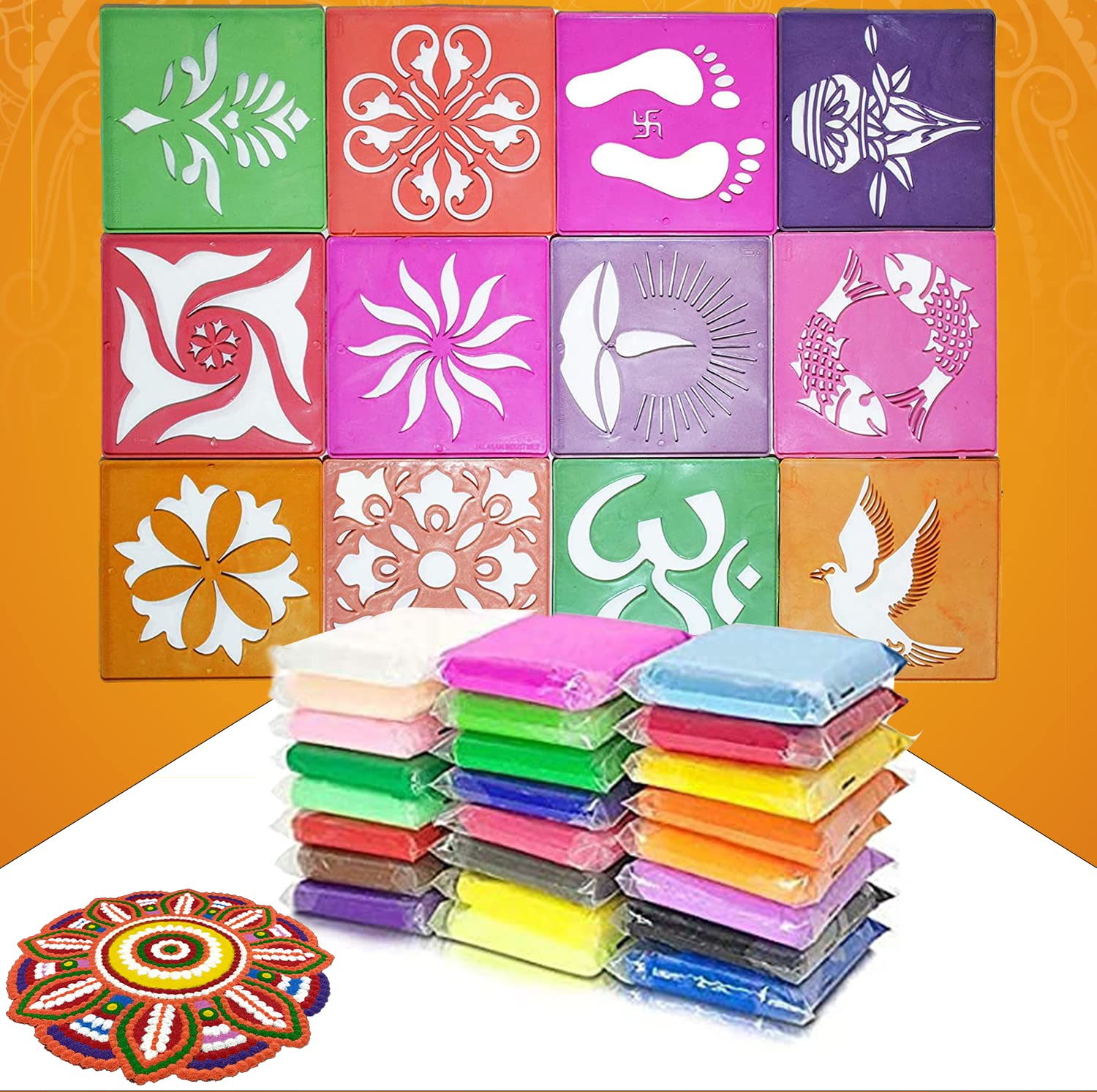 CraftVatika Rangoli Colour Powder with Stencils Kit Diwali Decoration Items for Home Stencils Tool Floor Art Rang for Home Navratri Pongal Pooja Mandir Decor - Related product