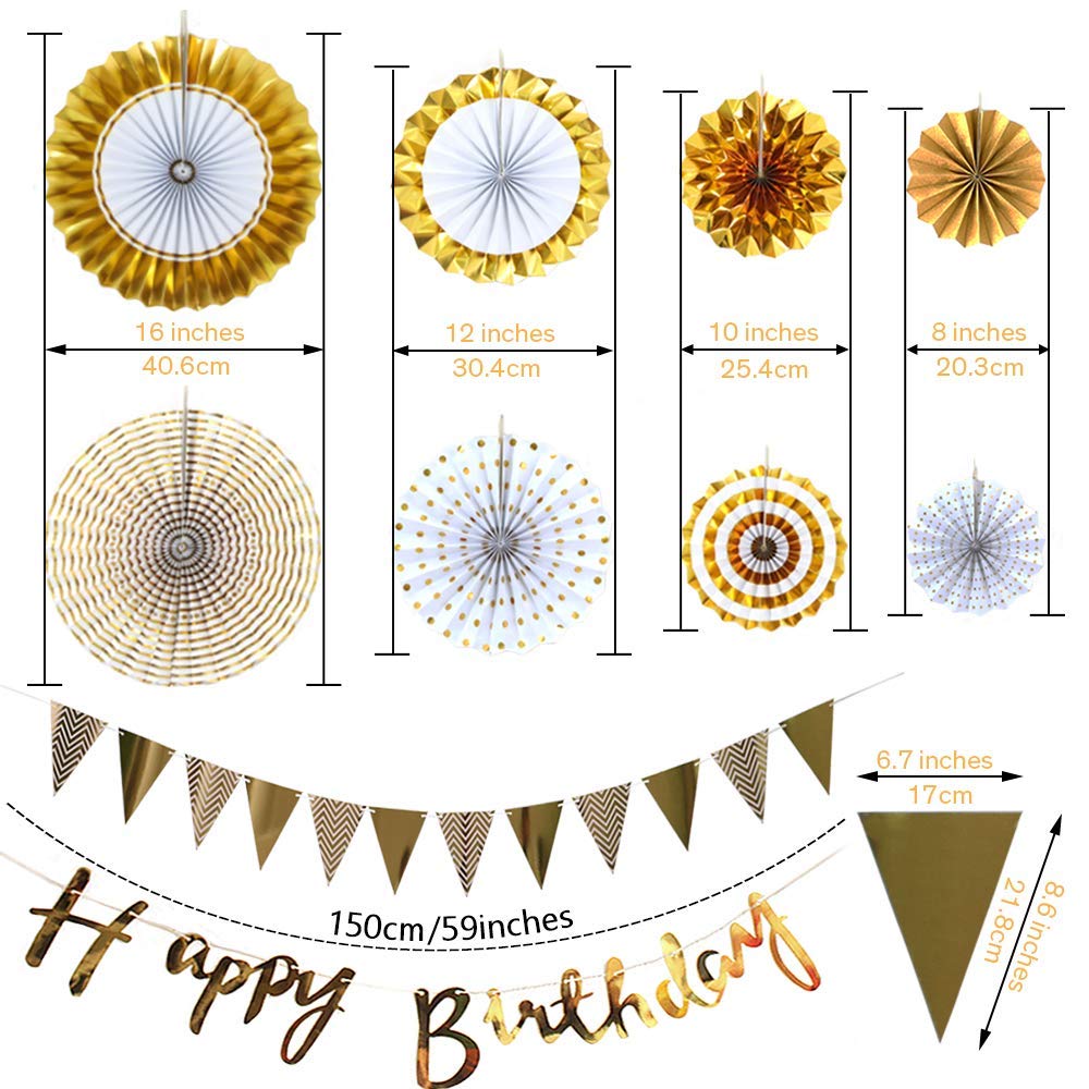 Party Propz Birthday Decoration Items For Husband,-10Pcs/ Gold Paper Fan Hanging Decorations Set with Gold Happy Birthday Banners and Pennant Banner for Bday Decorative Supplies Materials - View 5 of 5