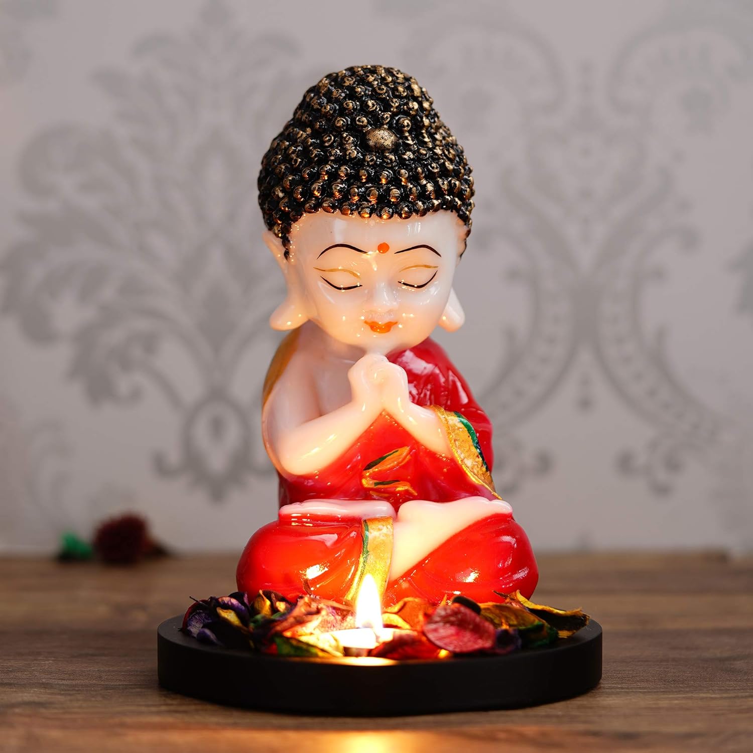 eCraftIndia Red and White Polyresin Praying Little Monk Buddha Statue with Wooden Base, Fragranced Petals Tealight Candle Holder - Serene Decor for Home, Office, Meditation Spaces - Gift for Diwali - View 3 of 4