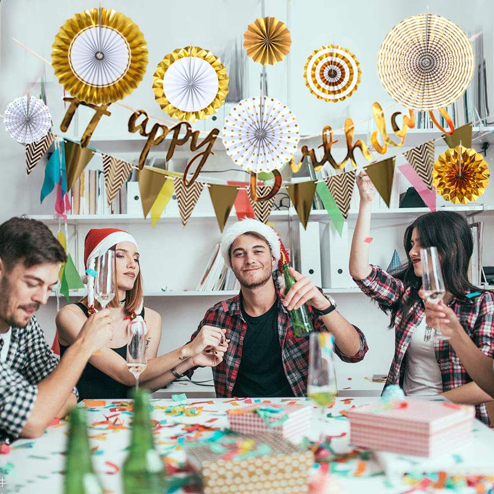 Party Propz Birthday Decoration Items For Husband,-10Pcs/ Gold Paper Fan Hanging Decorations Set with Gold Happy Birthday Banners and Pennant Banner for Bday Decorative Supplies Materials - View 3 of 5