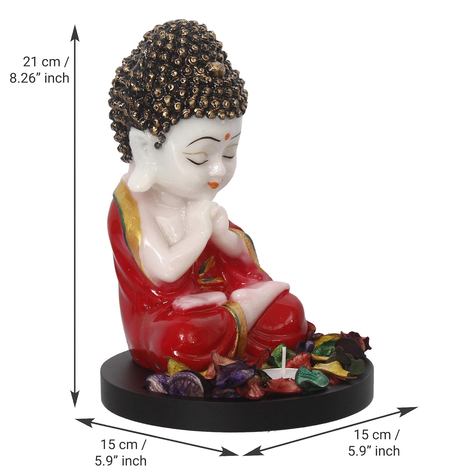 eCraftIndia Red and White Polyresin Praying Little Monk Buddha Statue with Wooden Base, Fragranced Petals Tealight Candle Holder - Serene Decor for Home, Office, Meditation Spaces - Gift for Diwali - View 2 of 4