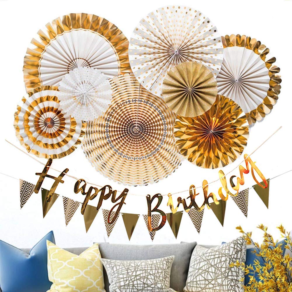 Party Propz Birthday Decoration Items For Husband,-10Pcs/ Gold Paper Fan Hanging Decorations Set with Gold Happy Birthday Banners and Pennant Banner for Bday Decorative Supplies Materials - View 2 of 5