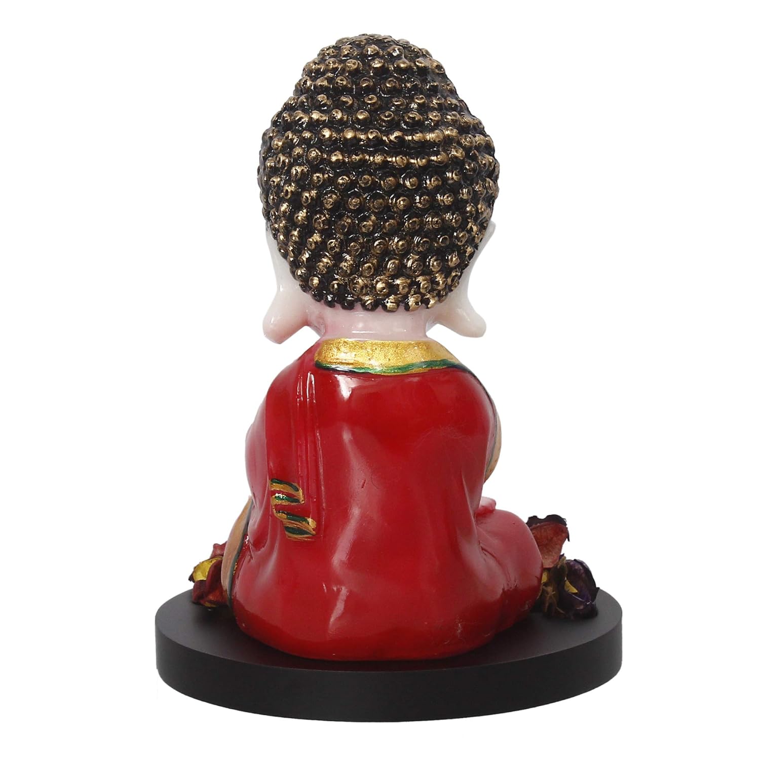 eCraftIndia Red and White Polyresin Praying Little Monk Buddha Statue with Wooden Base, Fragranced Petals Tealight Candle Holder - Serene Decor for Home, Office, Meditation Spaces - Gift for Diwali - View 4 of 4