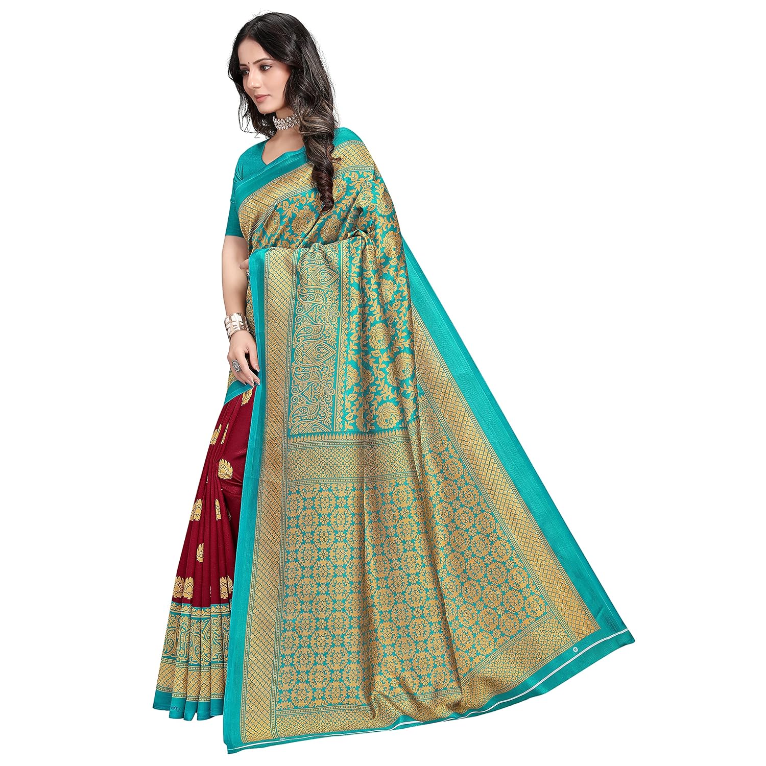 Rekha Maniyar Women's Art Silk Paisley Printed Saree With Unstitched Blouse (Half-Half) - View 2 of 5