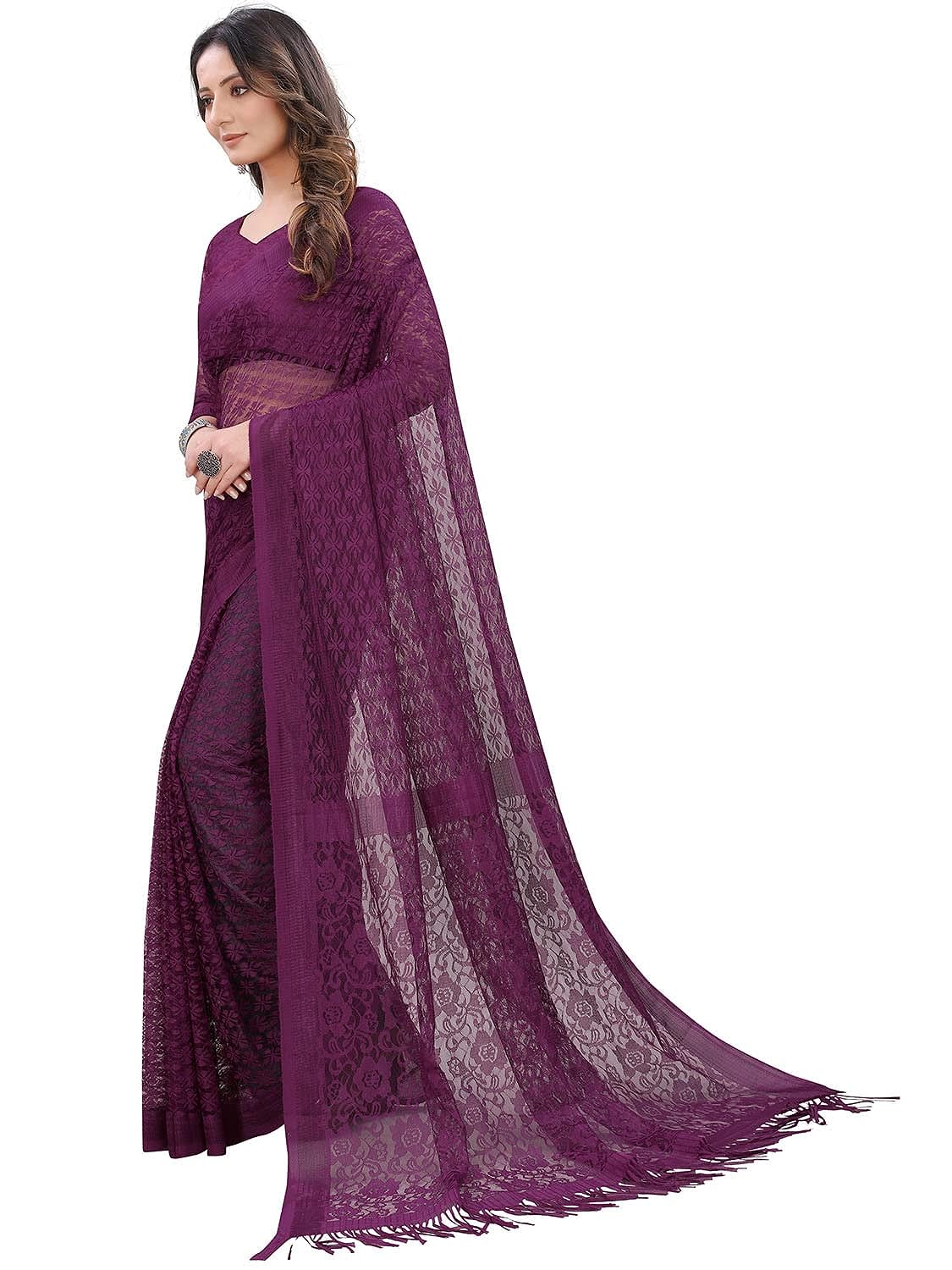 Dhyey fashion Women's Wine Floral Pattern Brasso Net Tassles Saree With Unstitched Blouse Piece - View 4 of 6