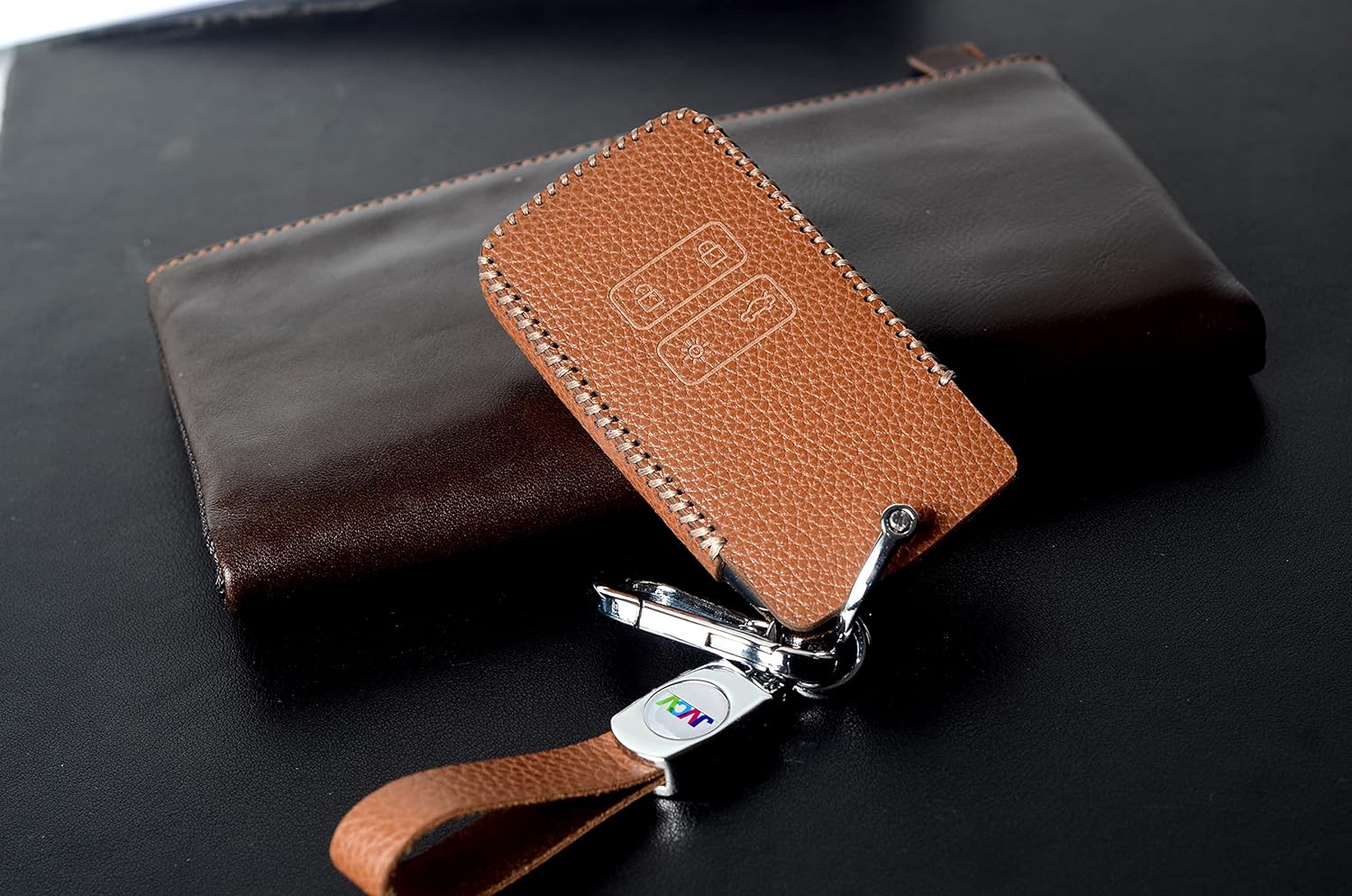 JVCV® Soft Handmade Lychee Pattern Leather Key Cover Compatible with Renault Kiger Triber Smart Key (Brown) - View 2 of 4