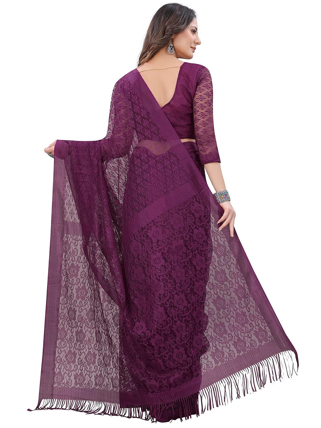 Dhyey fashion Women's Wine Floral Pattern Brasso Net Tassles Saree With Unstitched Blouse Piece - View 2 of 6