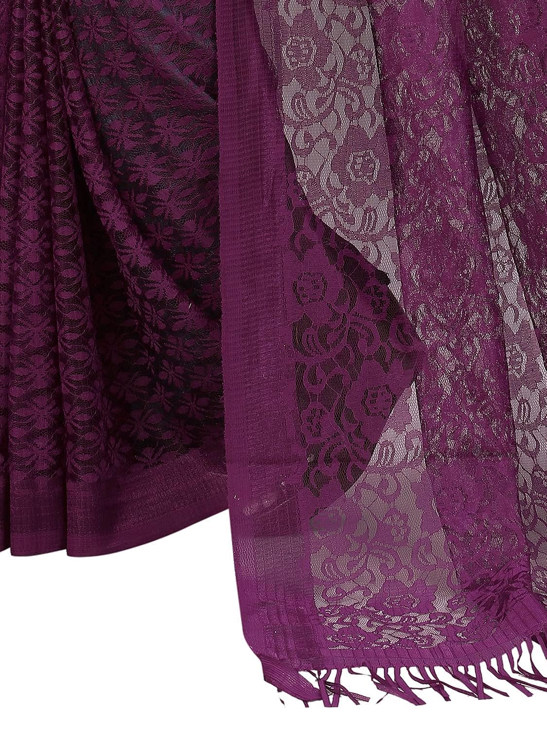 Dhyey fashion Women's Wine Floral Pattern Brasso Net Tassles Saree With Unstitched Blouse Piece - View 3 of 6