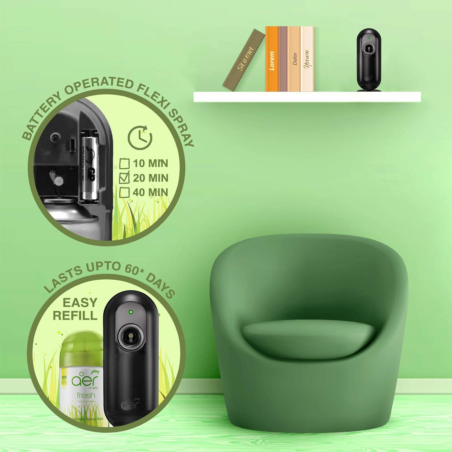 Godrej aer Matic Refill - Automatic Room Fresheners | Fresh Lush Green | 2200 Sprays Guaranteed | Lasts up to 60 days (225ml) - View 4 of 4