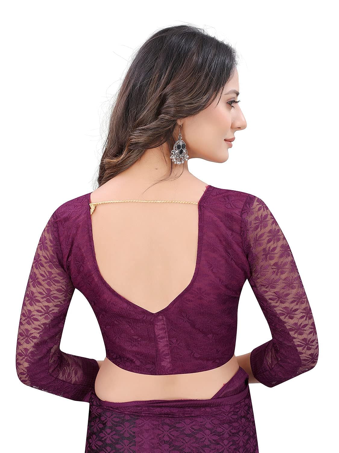 Dhyey fashion Women's Wine Floral Pattern Brasso Net Tassles Saree With Unstitched Blouse Piece - View 6 of 6