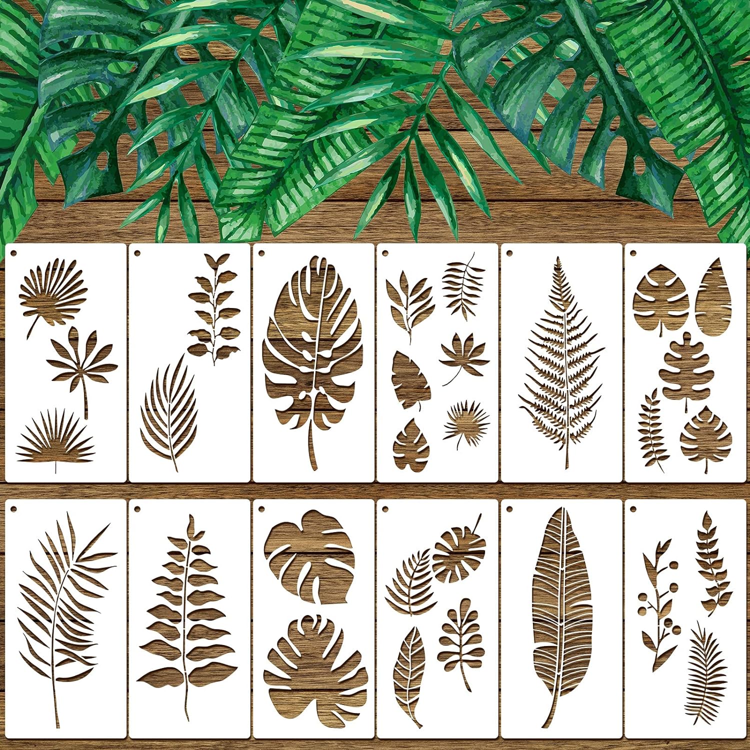 Zonon 12 Pieces Tropical Fern Leaf Painting Stencils Large Reusable Palm Turtle Leaf Wall Stencil Flexible Botanical Leaves Template Set Crafts For Furniture Canvas Wood Plank (4 X 8 Inches) - Related product