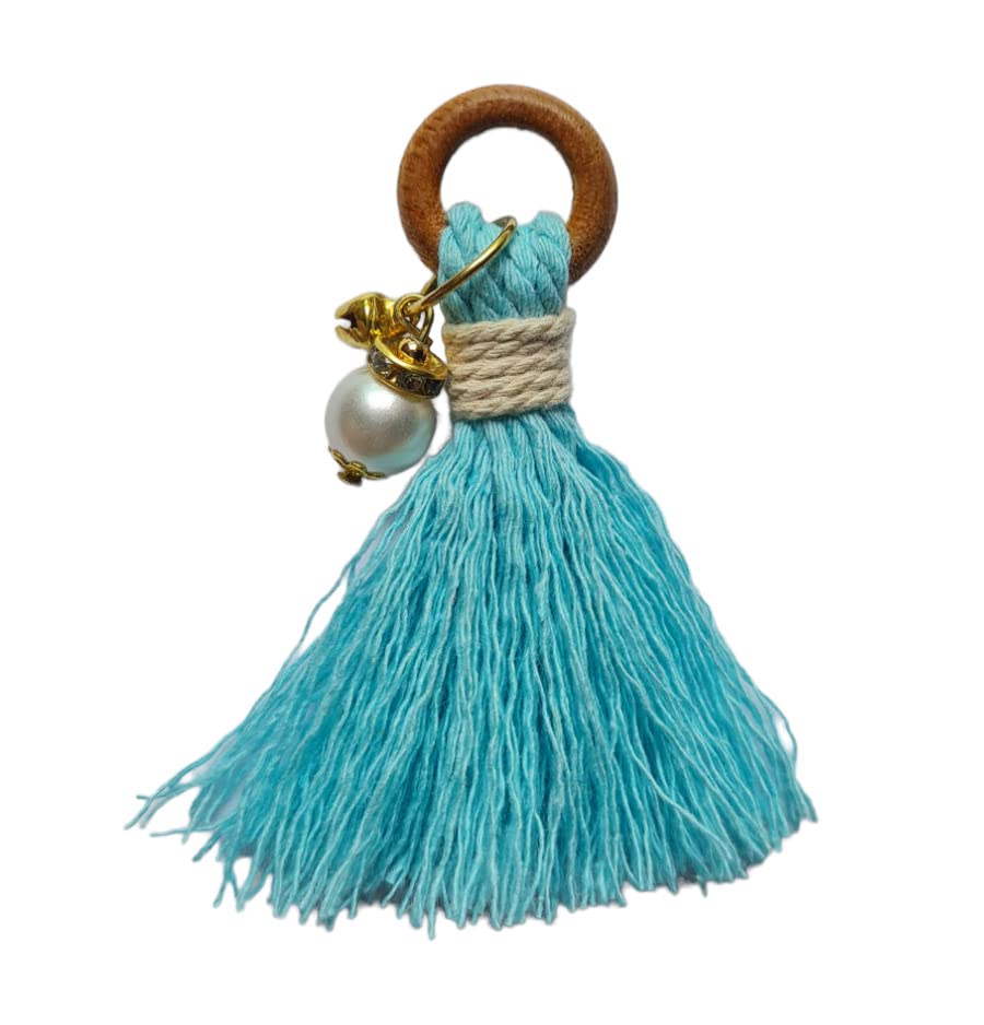 Zippy Flora Mini Handmade Cotton Tassels with Ghungroo , Pack of 10 (with Pearl Beads, Sky Blue) - View 2 of 4