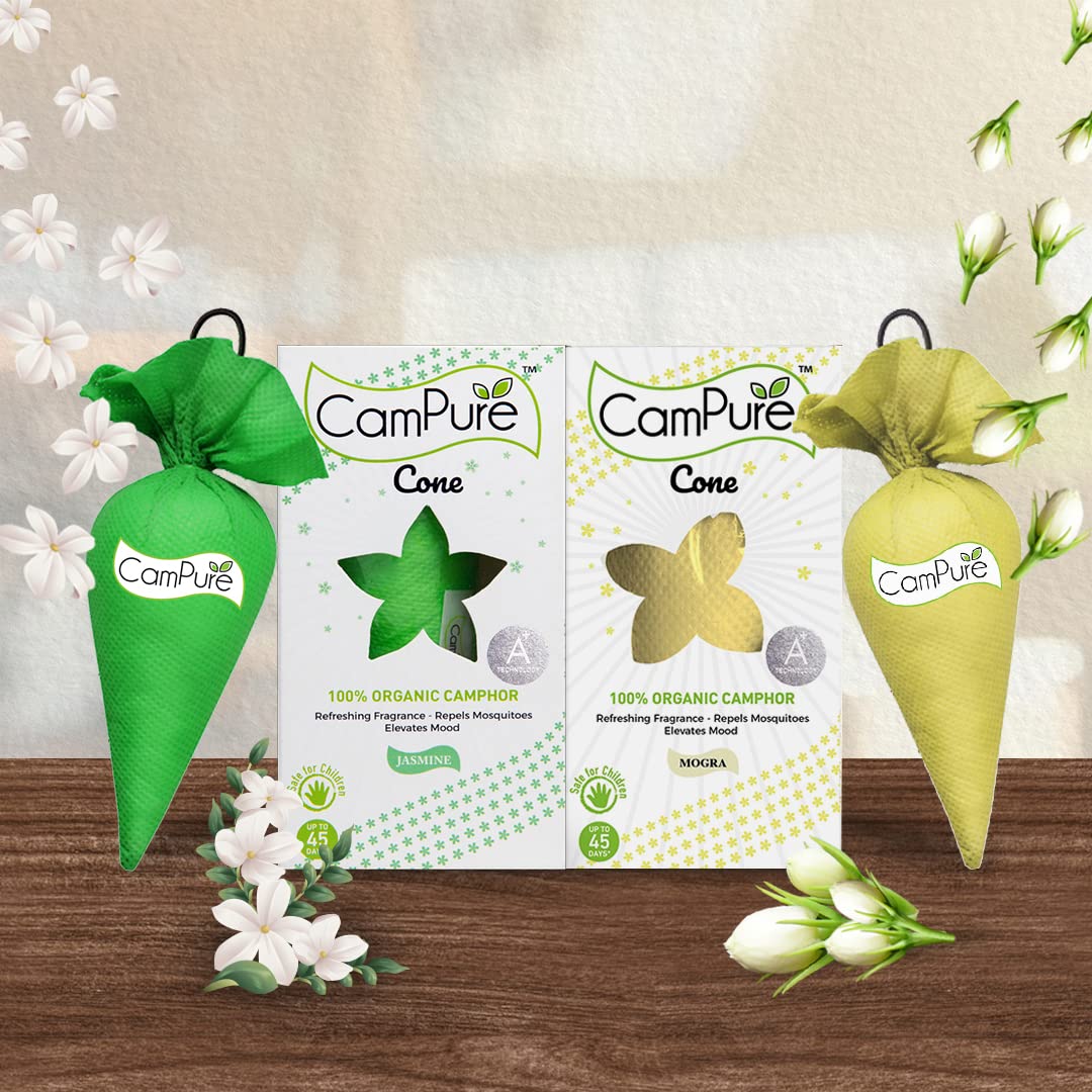 CamPure Camphor Cone (Jasmine + Mogra) Pack Of 2 - Room, Car and Air Freshener &amp; Mosquito Repellent