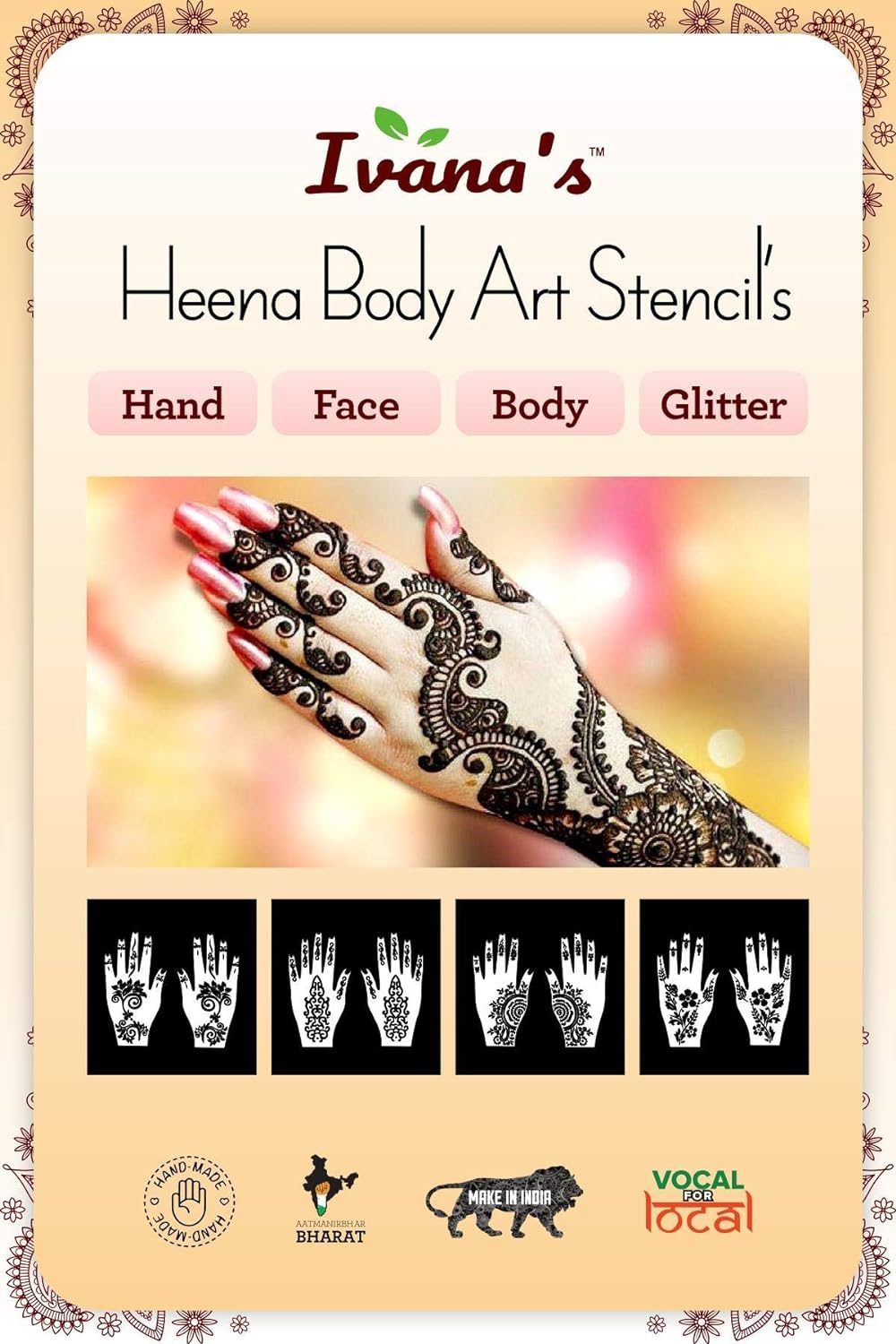 IVANA'S Heena Mehandi Tatto Stencil Set for | Hand | Body | Fingure | Face | Heena Art Temporary Tatto for Kids, Girls &amp; Women, Design - Stencil-1100, Black, M (C-Stencil-1100) - View 2 of 4