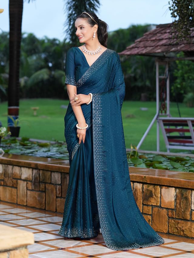 Satrani Women's Georgette Solid Hot Fixing Saree with Unstitched Blouse Piece - View 4 of 5