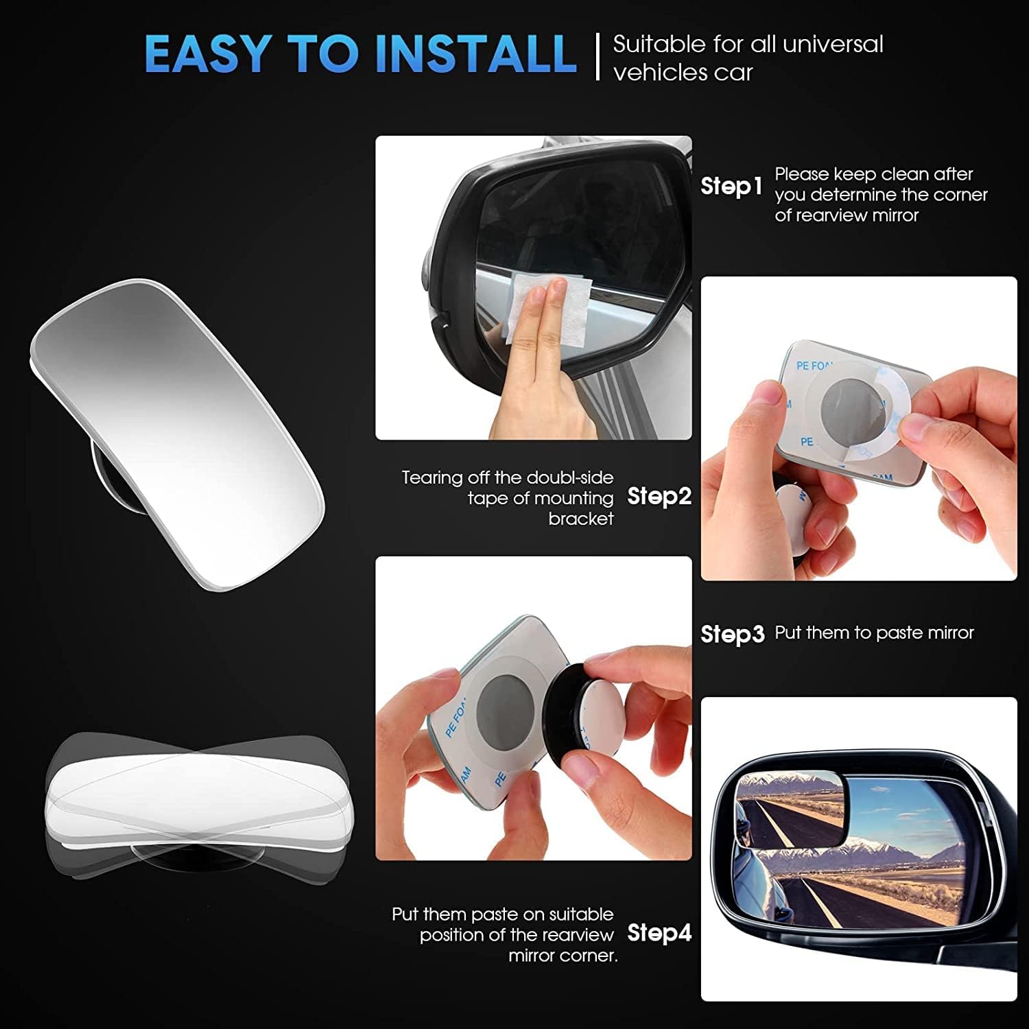 Sarte 3R Original Blind Spot Mirror, HD Glass Convex Lens Frameless Adjustable 360 Degree Wide Angle for All Car (2 PCS, Rectangle) - View 3 of 8
