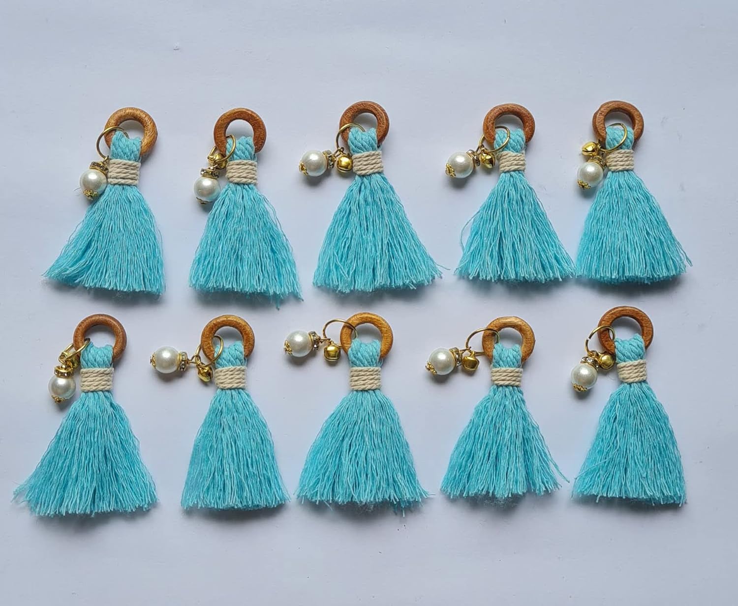 Zippy Flora Mini Handmade Cotton Tassels with Ghungroo , Pack of 10 (with Pearl Beads, Sky Blue) - View 3 of 4
