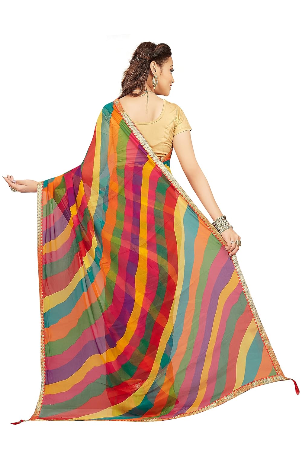 RANI SAAHIBA Women's Synthetic Multicolor Striped Saree With Blouse Piece - View 2 of 3