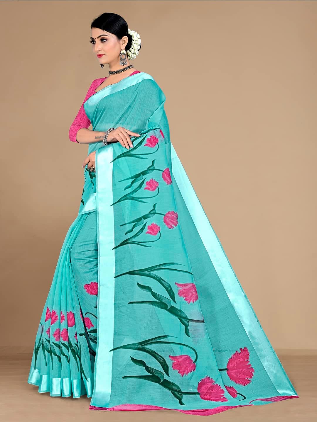 Rekha Maniyar Women's Floral Pattern Cotton Slub Saree With Unstitched Blouse Piece (JAGRUTI)B - View 2 of 5