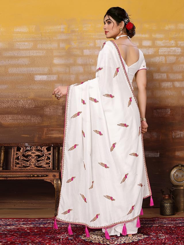 Satrani Women's Vichitra Silk Embroidery Work &amp; Stone Work Saree with Unstitched Blouse Piece - View 6 of 7