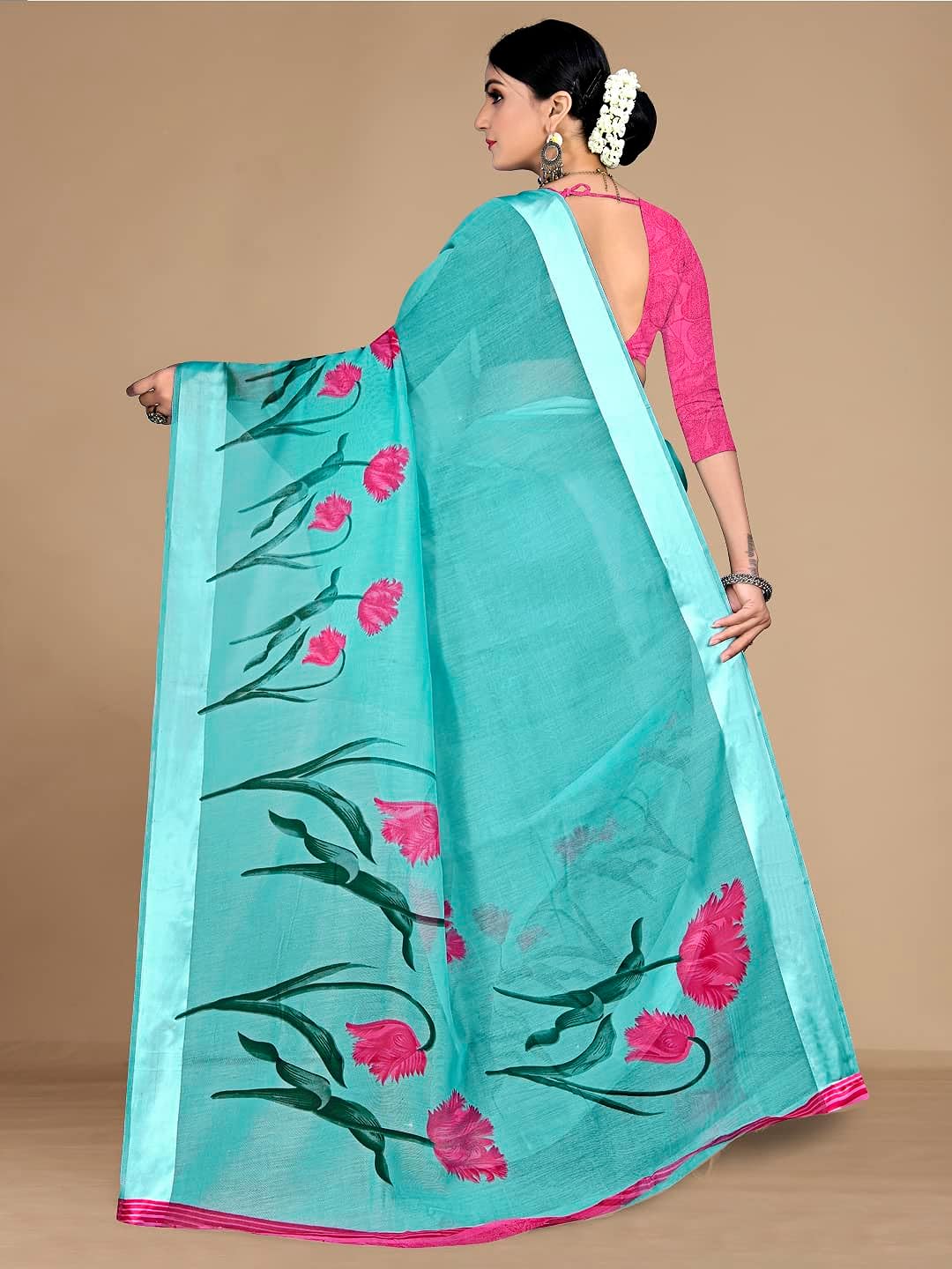 Rekha Maniyar Women's Floral Pattern Cotton Slub Saree With Unstitched Blouse Piece (JAGRUTI)B - View 3 of 5
