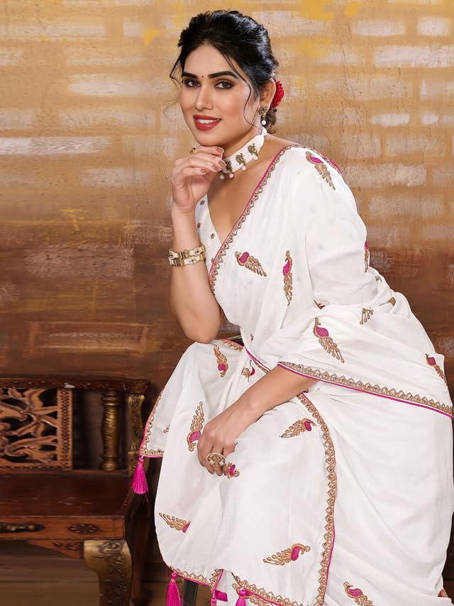 Satrani Women's Vichitra Silk Embroidery Work &amp; Stone Work Saree with Unstitched Blouse Piece - View 5 of 7