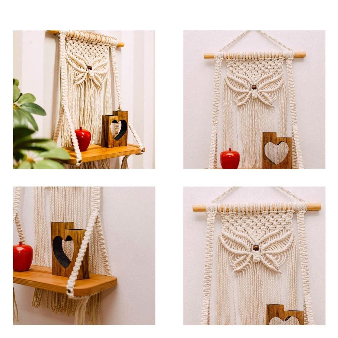 tms Macrame Wall Hanging Shelf | Wood Floating Hanging Shelf Storage Shelf Bohomian Wall Décor (Size 12x 5 x 24 Inches) 1 Pcs, Off-White - View 3 of 3