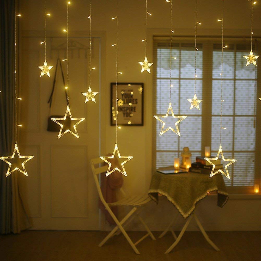 PESCA 12 Stars Curtain String Lights, Window Curtain Hanging Light with 8 Flashing Modes Decoration for Diwali, Christmas, Wedding, Party, Home, Patio Lawn, Warm White - Warm White - View 4 of 5